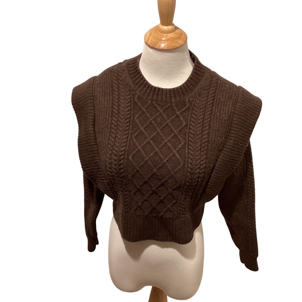 BABATON Brown Cable Knit‎ Cropped Sweater With Shoulder Pads Size S